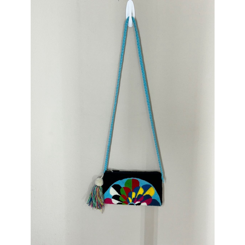 Authentic Handmade Wayuu Crossbody Bag Clutch Purse with Tassel Black/Multicolor